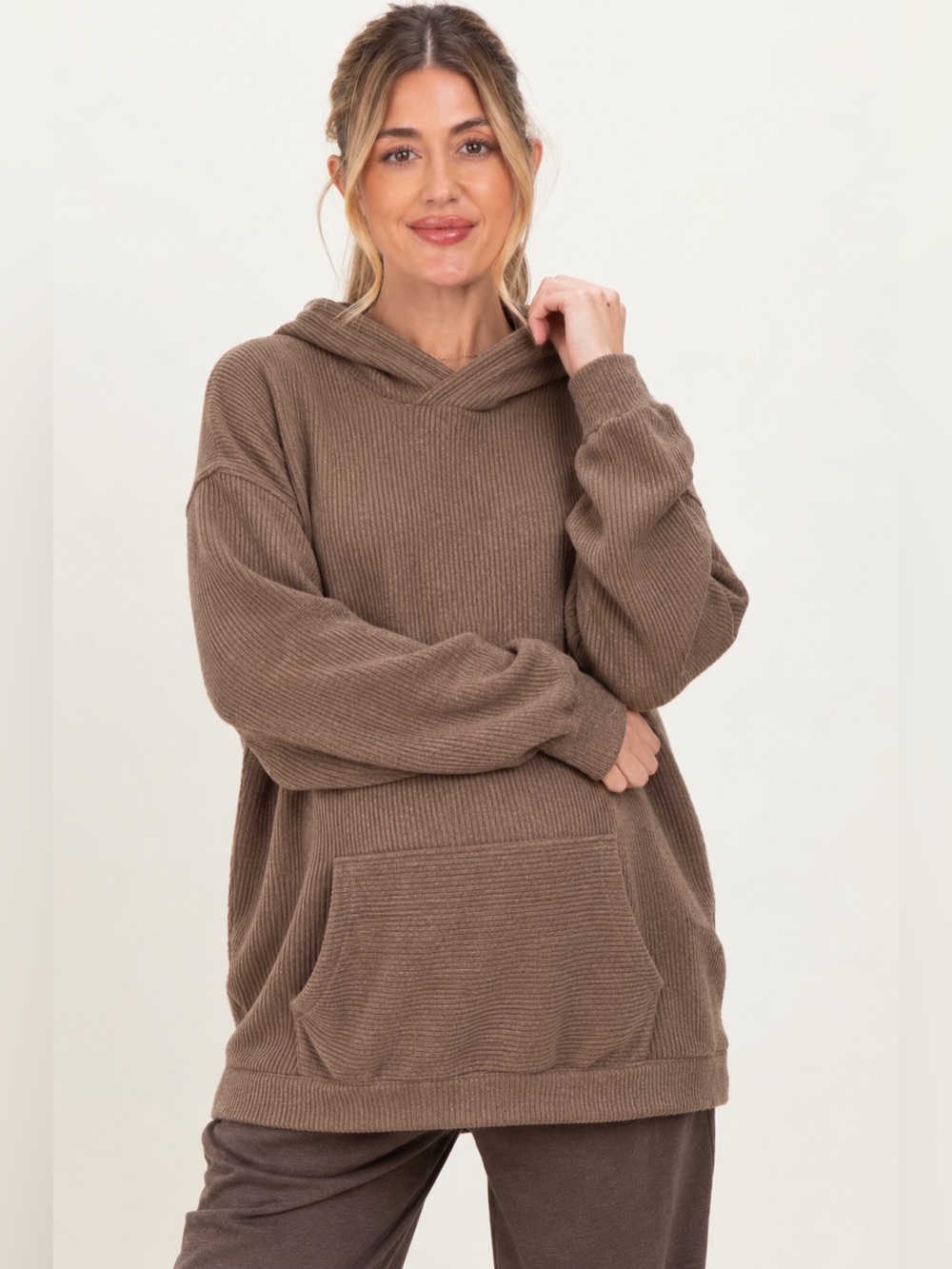 PinkBlush Maternity Ribbed Hoodie Sweatshirt Brown Taupe Lightweight Cozy